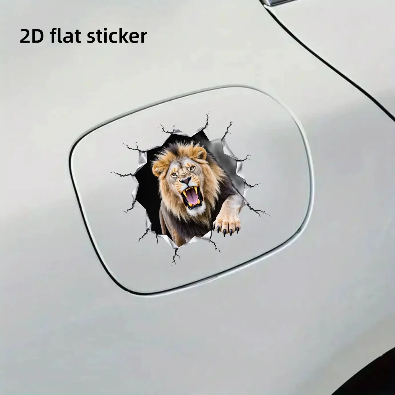 2D Flat Aggressive African Lion Sticker, Roaring Lion Breaks Through Black Metal Background Design, Fuel Tank Cap Decal for Car