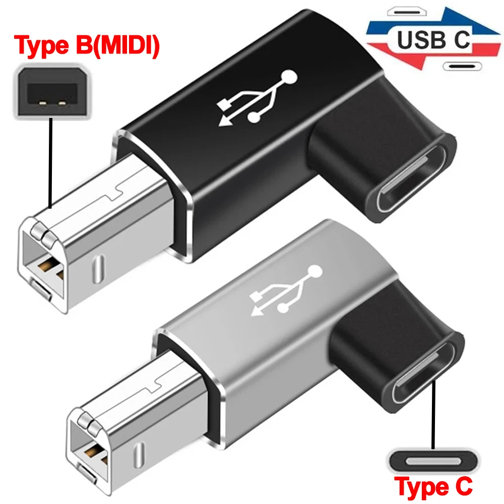 Universal 90 Degree Right Angle Elbow USB Type C To Type B 2.0 MIDI Female To Male Adapter Converter for Printer Scanner