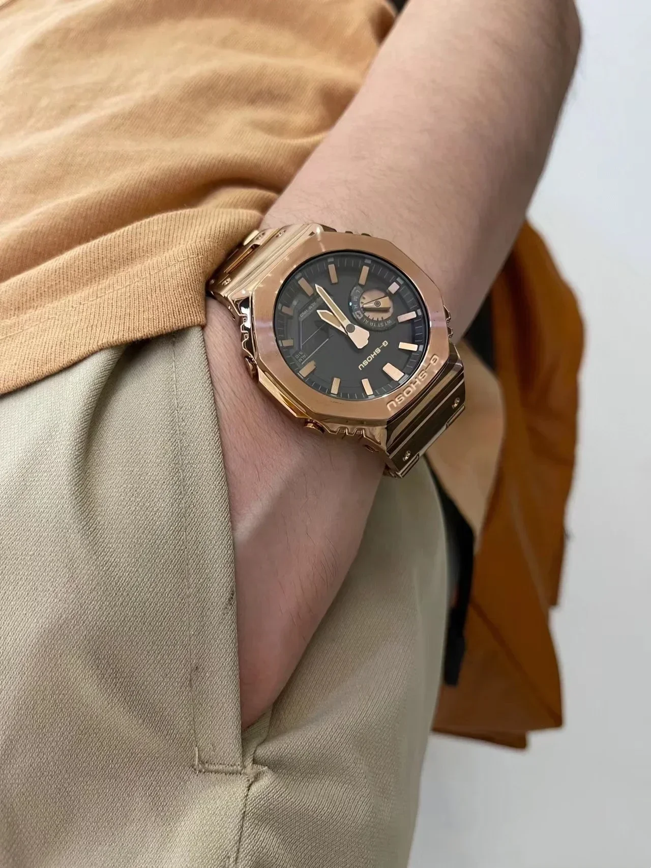 Orologio sportivo elettronico digitale unisex con funzione completa LED in lega quadrante grande cinturino in acciaio per l'ora mondiale serie GMB Oak