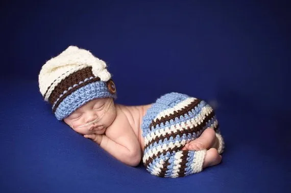 

Special clearance -Newborn boys Pure handmade crochet Striped Long tail hat + Pants 2pcs/Set newborn photo prop 0-3month