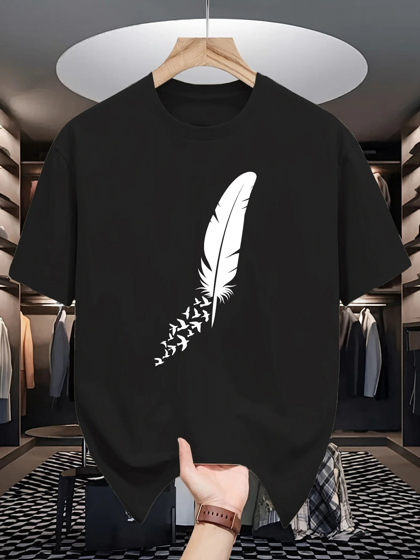 Men Crew Neck T Shirt Feather Turning Into Flying Birds Minimal Silhouette Graphic Short Sleeve Casual Cotton Art Streetwear Tee