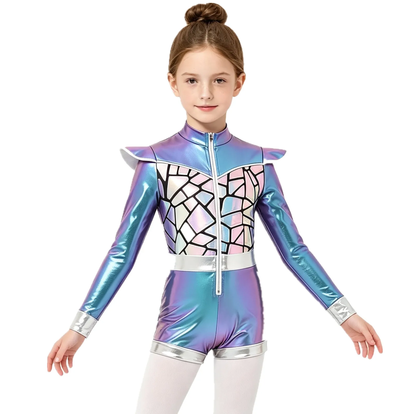 Kids Girls Halloween Outer Space Cutie Alien Robot Astronaut Dress Up Costume Long Sleeve Zipper Metallic Shiny Sequin Bodysuit
