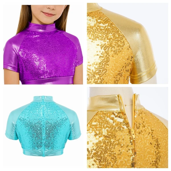 

Kids Sequins Crop Top Girls Jazz Dance Costume Metallic Dance Top Rave Hip Hop Outfit 70s Disco Costume Short Sleeve T-shirt