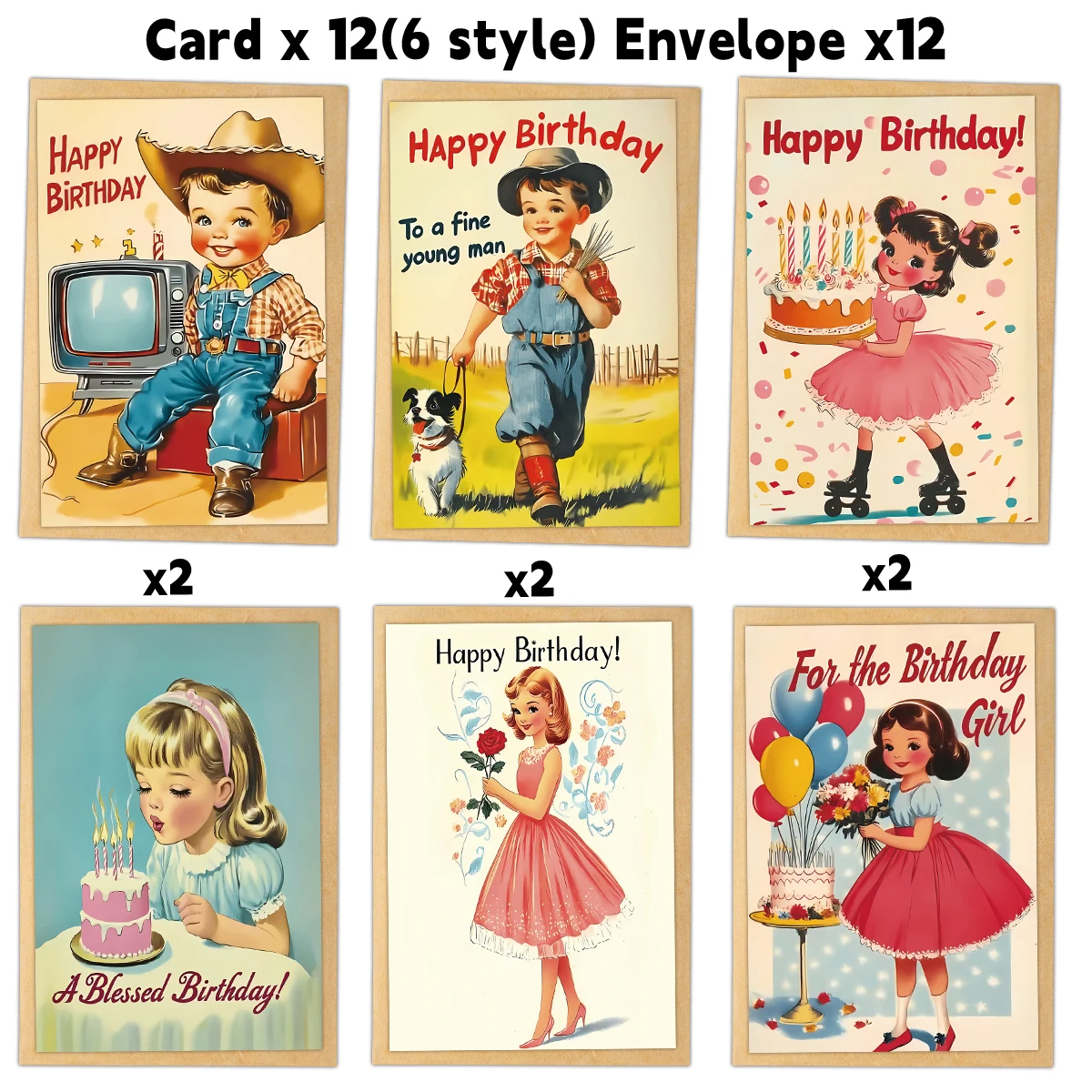 12 Stück Vintage-Ästhetik-Geburtstags-Grußkarten mit Umschlag – nostalgische Weltillustration, Geburtstagswunsch für Freunde, Klassenkamerad