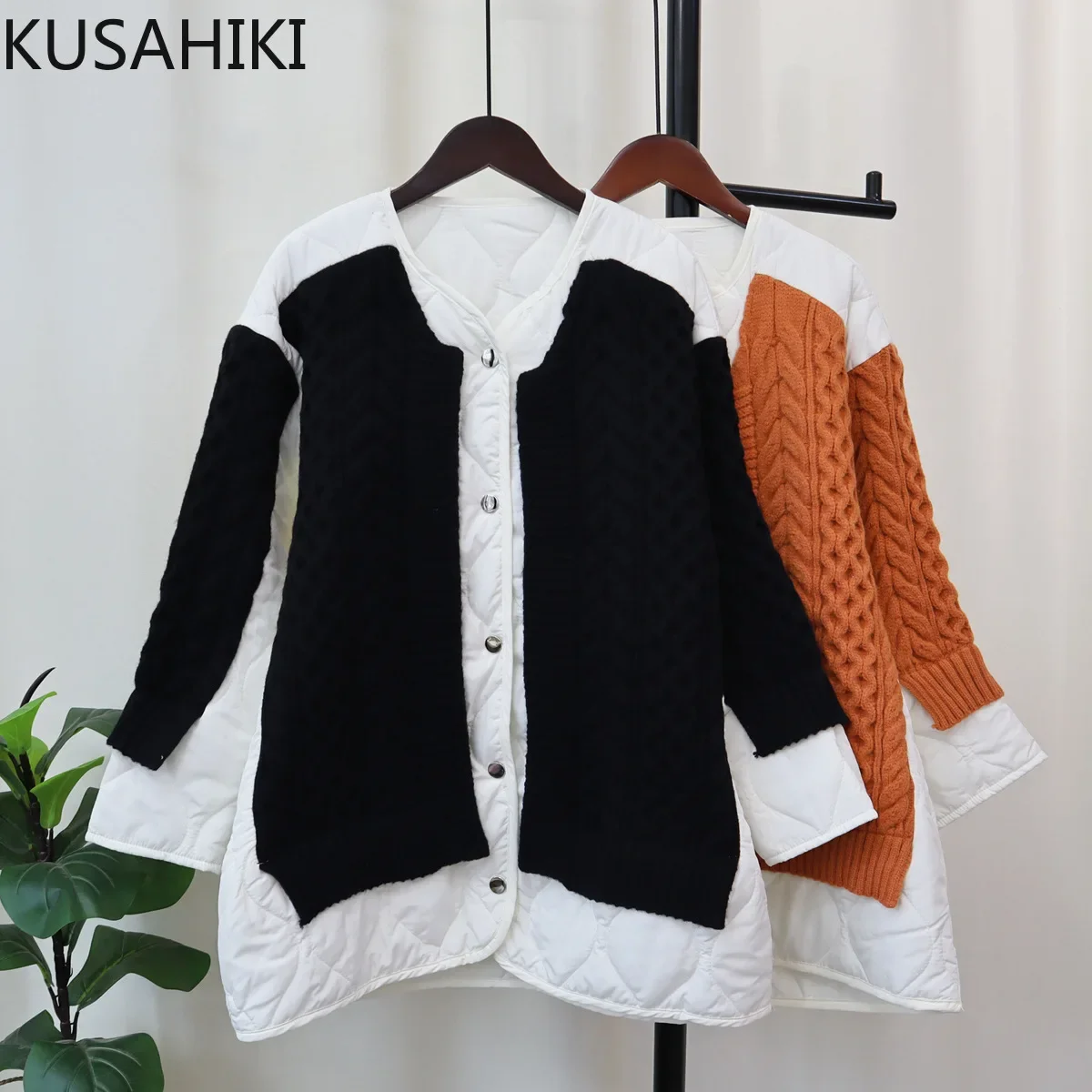 KUSAHIKI 2023 Autumn Winter Knitted Sweater Patchwork Parka Coat Fashion Hit Color Single Breasted Medium-long Parkas Jacket