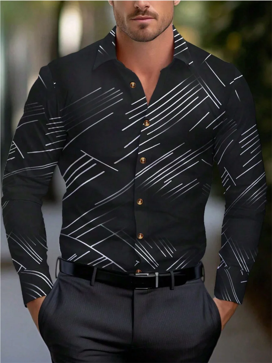 Camisa masculina listrada manga longa lapela botão para baixo, casual streetwear havaiano, moda, 6XL, transporte rápido, 2024