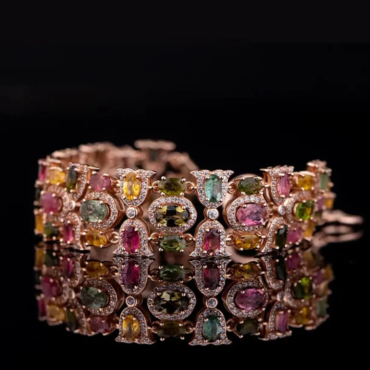 

Rose Gold Rainbow Colorful Zirconia Rings Bracelet for Women Girls 22CM Long Luxury Wedding Bangle Vintage Jewelry Rings Gift