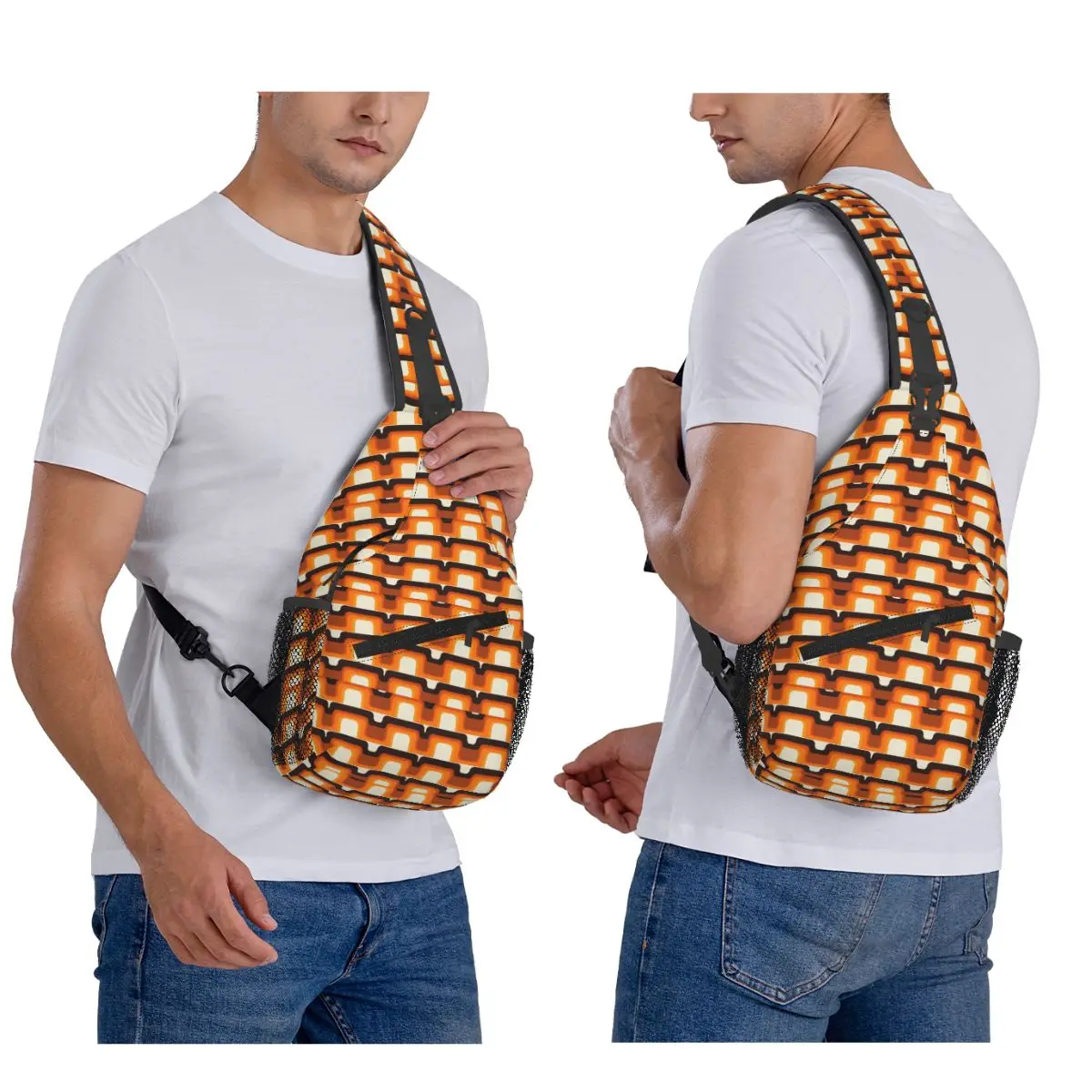 Mid-Century Modern Meets 1970s Orange Chest Bag Men Sling Crossbody Backpack Chest Bag Travel Hiking Daypack Shoulder Bag