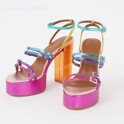 Rainbow Purple Buckle Striped Platform Sandals Chunky Heel Open Summer Girls Cute Buckle Sugarbaby Hollow Fuchsia Shoe Hot Chick