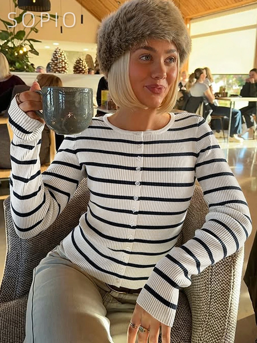 

Женский укороченный кардиган в полоску с круглым вырезом на пуговицах, вязаный свитер в стиле Y2K, шикарный повседневный топ с длинными рукавами в рубчик, новинка 2026 года