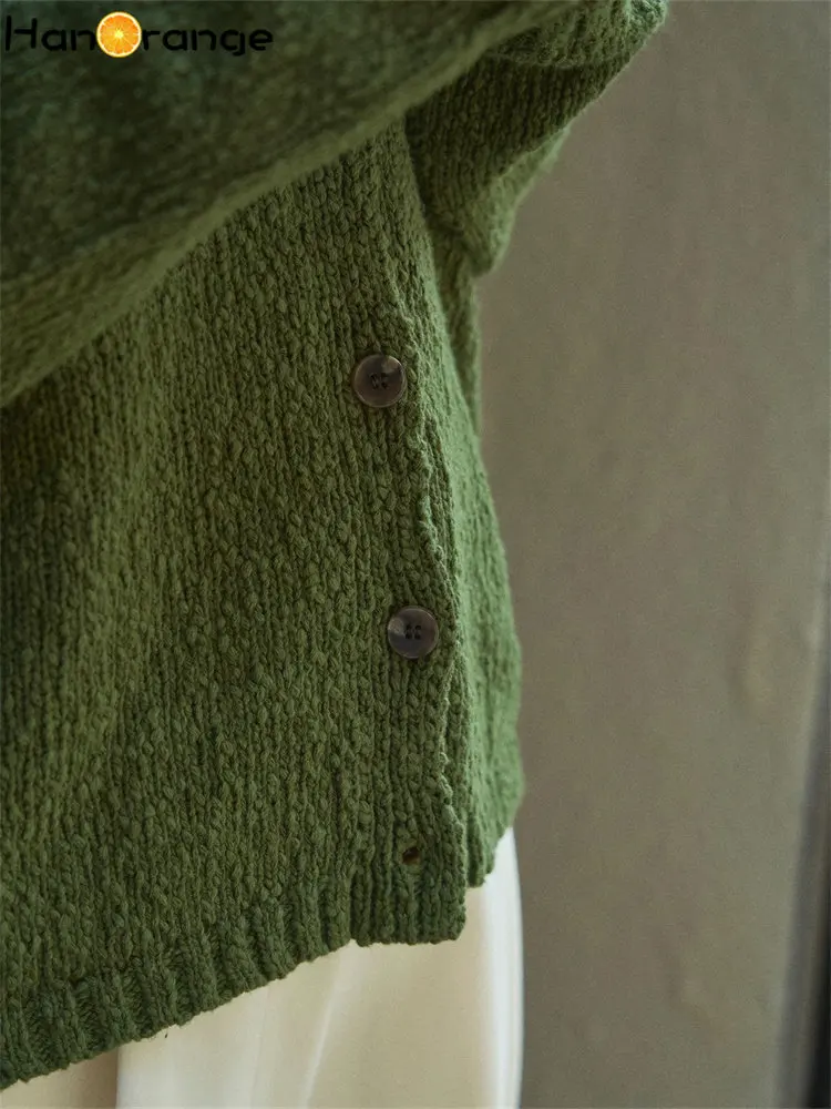 HanOrange-Cardigan Vintage à Manches sulfet Col en V pour Femme, Veste Simple et Décontractée, Disponible en Noir et Vert, Printemps 2024