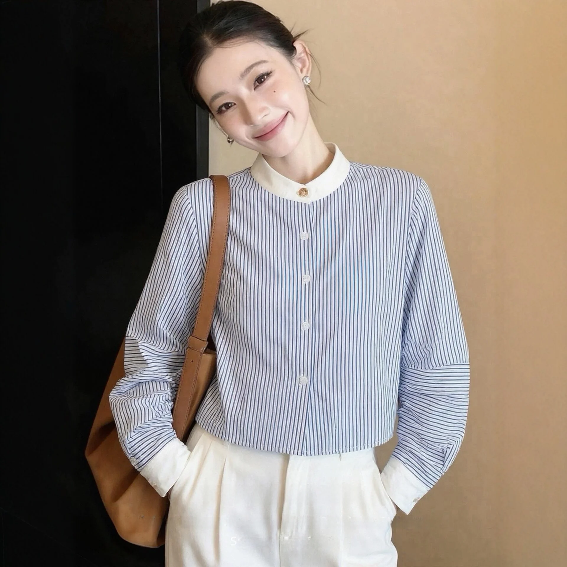 Blue Striped Stand Collar Long Sleeve Shirt Women's Early Autumn High End Lightweight Ageless Fashionable Top French Style
