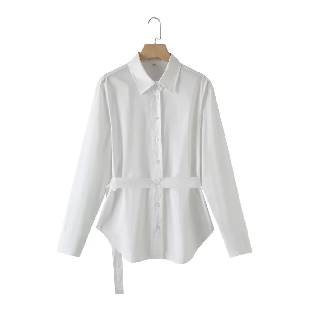 

Autumn and winter new women's clothing design sense: collar, long sleeves, belt, multiple wearing methods: poplin shirt