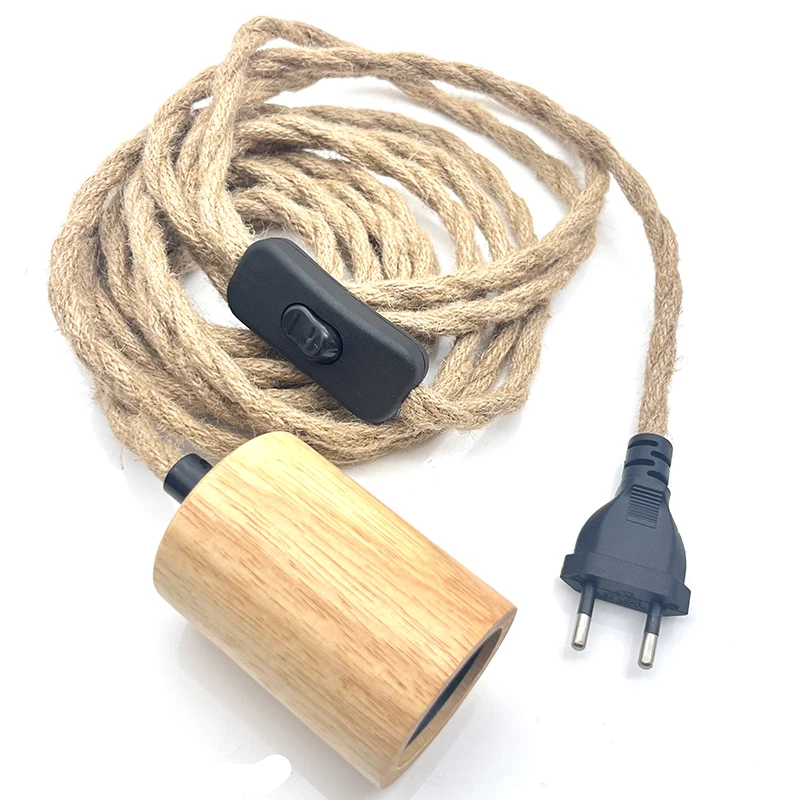 4.5M Vintage Hemp Rope Wire With  Wooden Lamp Socket Pendant Lamp Cord Set with EU Plug