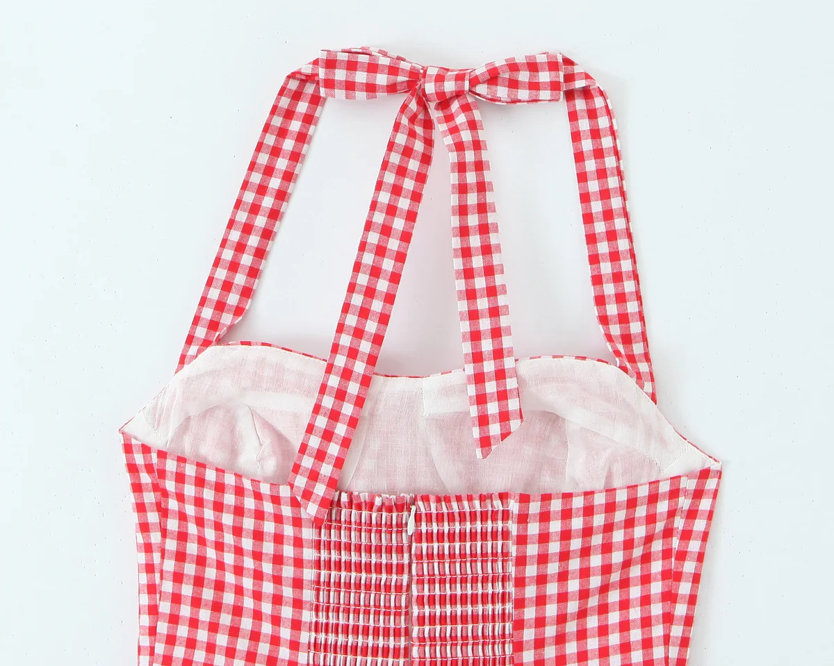 Abito da donna in lino Tala con scollo all'americana e spacco laterale sul retro, senza maniche, a quadri di pomodoro