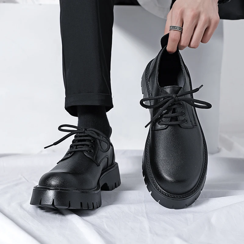 2024 Men Korea Leather Platform Oxfords Slip On Thick Tottom Male Derby Shoes Casual Loafers Mens Square Toe Formal Dress Shoes