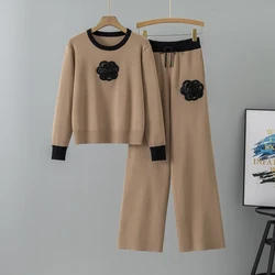 2025 Autumn Winter New Knitted Loose  Women Pant Suits O Neck  Female Pullover Suit  Fashion  Wide Leg High Waist Pants Set