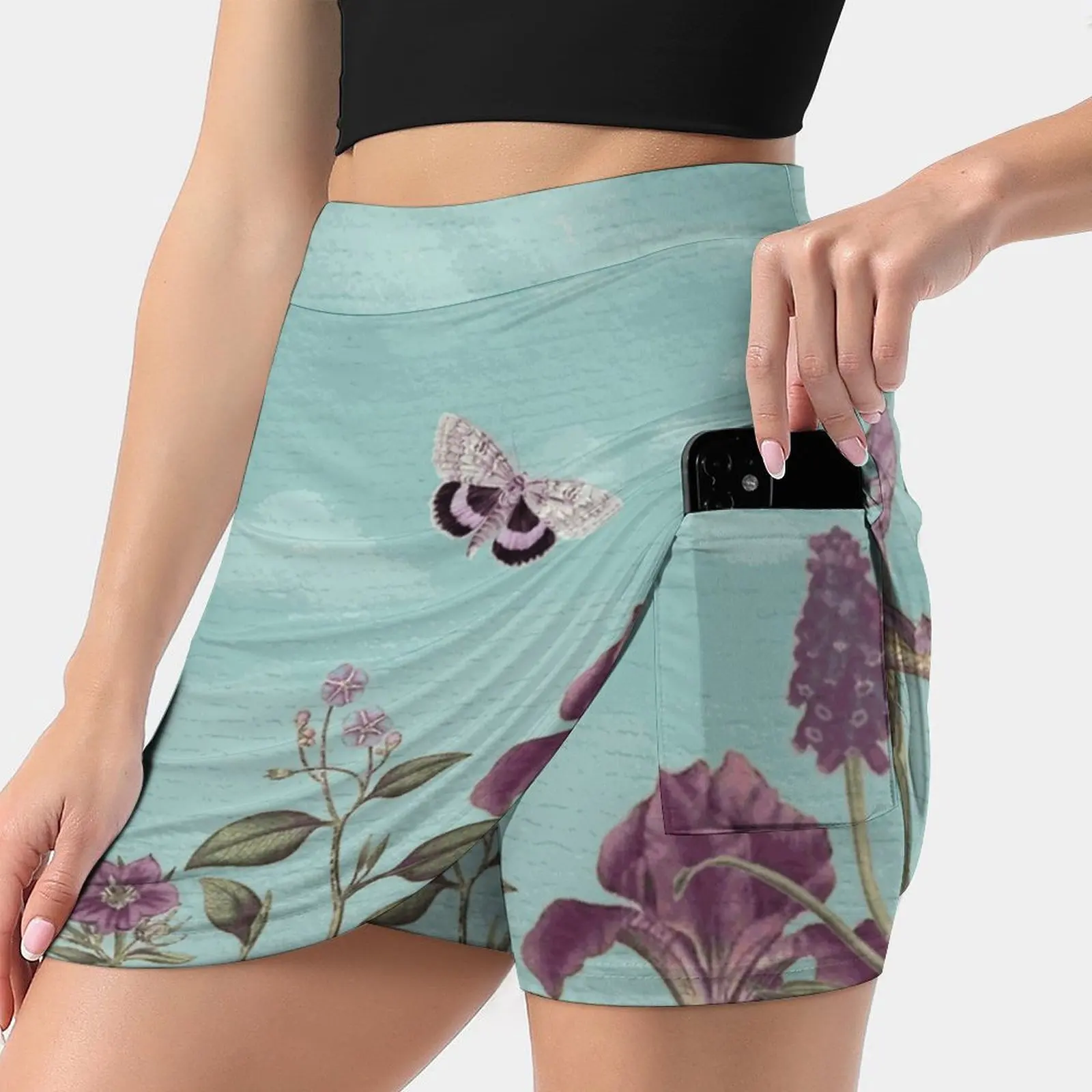 Mauve Flowers On Turquoise Sky Background Trending Fashion Skirt Summer Printed Women Sport Skirts Double-Layer Athletic Mauve