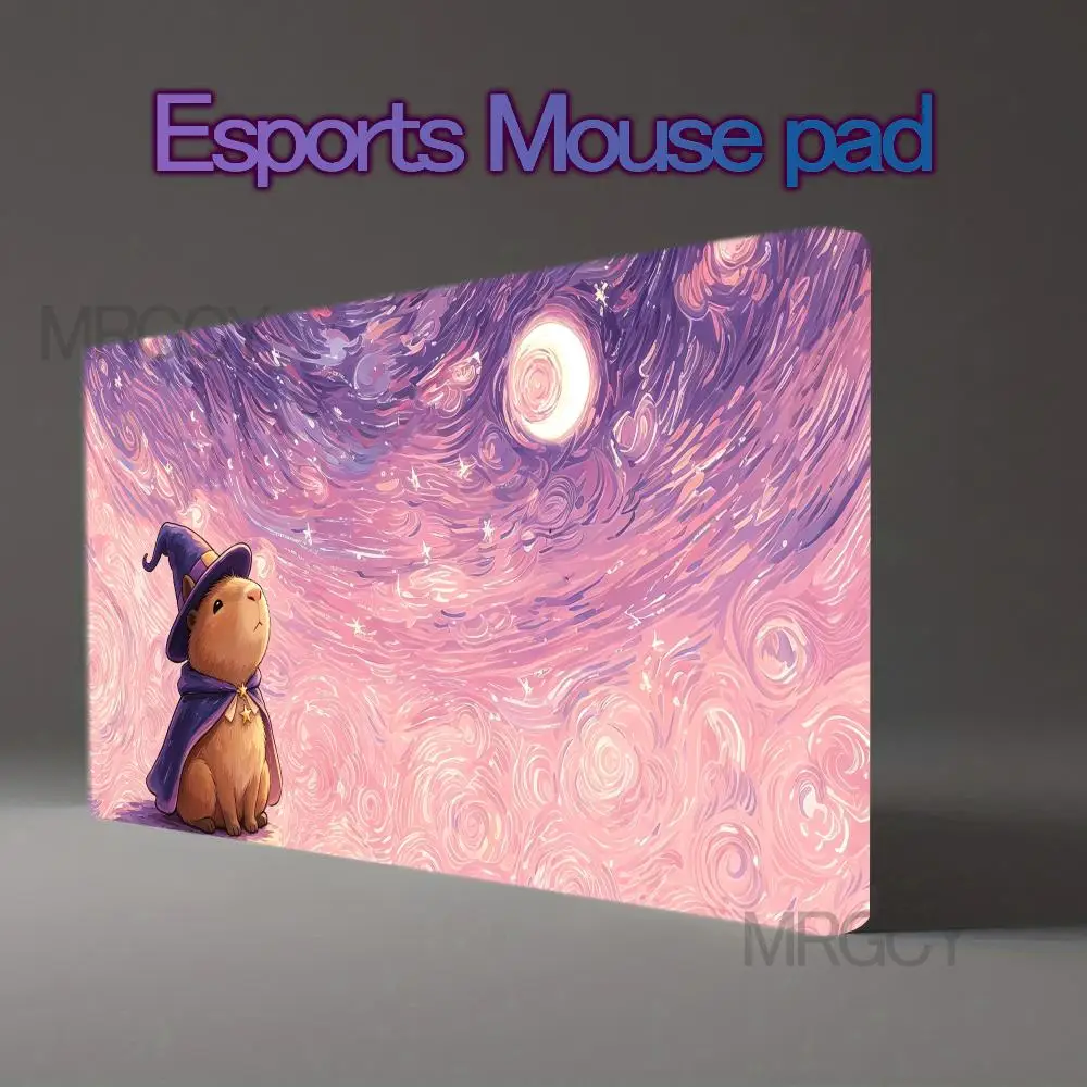 Cute Wizard Capybara Starry Sky Large Gaming Mouse Pad Van Gogh Style Non-Slip Rubber Desk Mat TCG Playmat Office Desktop Decor