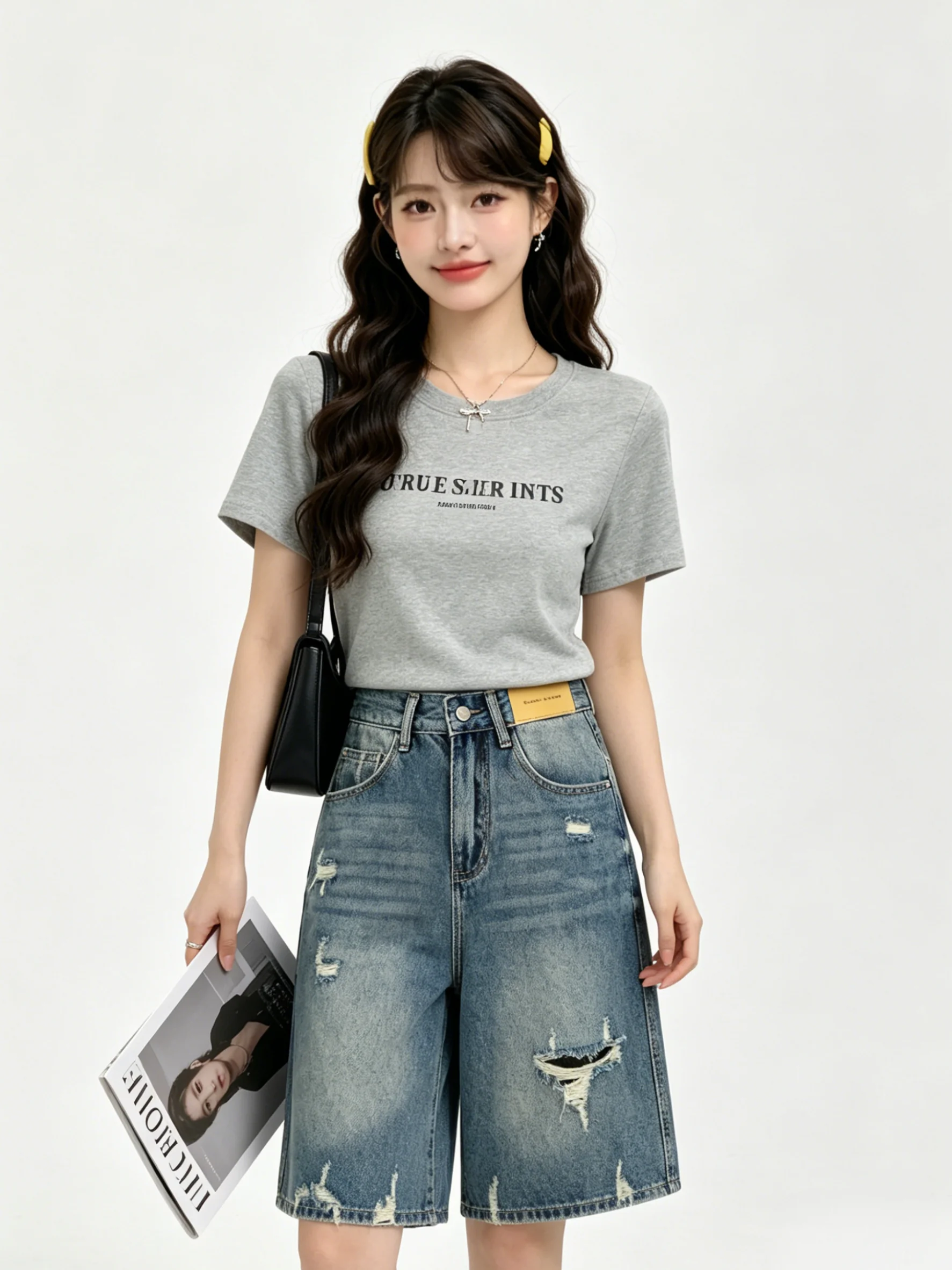Retro American Washed High Waist Wide Leg Jeans Casual Summer Skin-friendly Versatile Torn Hole Design Denim Ladies Pants