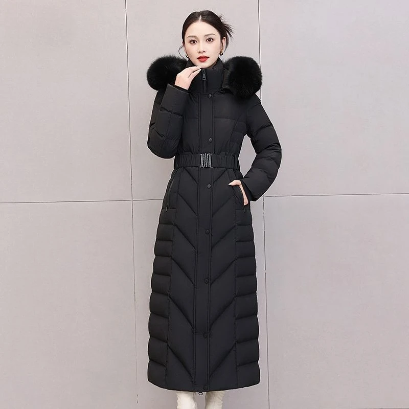 2026 High-quality Down Jacket Women's Winter White Duck Down Coat Overlength Parkas Fox Fur Collar Hooded Sashes Slim Overcoat
