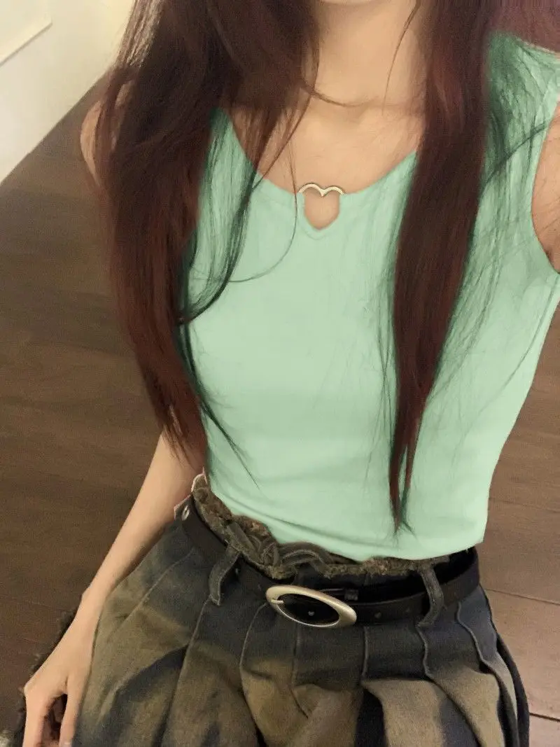 Mint Green Tanks Women Slim Solid Heart Design Summer Korean Style Trendy Sleeveless Tops Hot Sweet Streetwear Simple Stylish