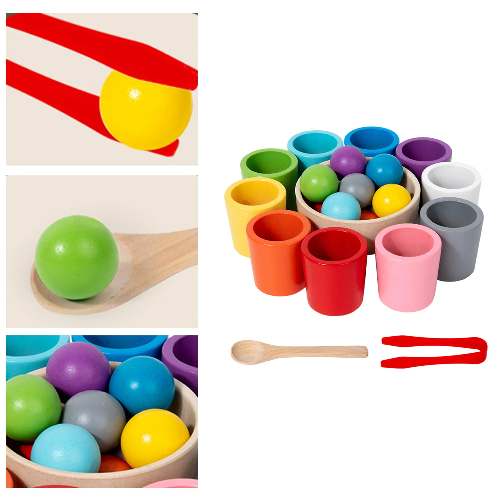 Ten Colors Wooden Color Matching Games with Spoon & Tongs Color Matching Game Set Wooden Sorting Stacking Toys for Children Kids
