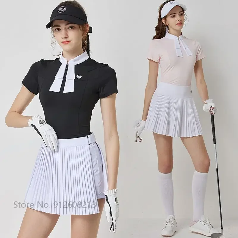 Blktee Women Breathable Golf Shirt With Bow Tie Short Sleeve T-shirt Ladies Elastic Pleated Golf Culottes Quick Dry Skirt Suits