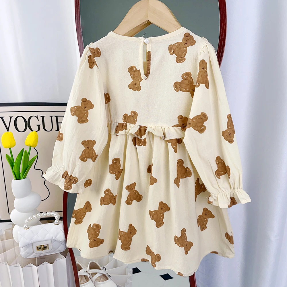 Bear Leader Autumn Winter Girls Dress Fashion Cute Round Neck Little Bear Print Dress Children Girls Long Sleeve Princess Dress