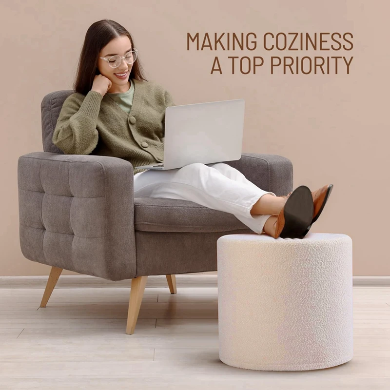 Soft Ottoman Pouf - Comfort Foam Foot Rest For Living Room, Desk, Couch - White