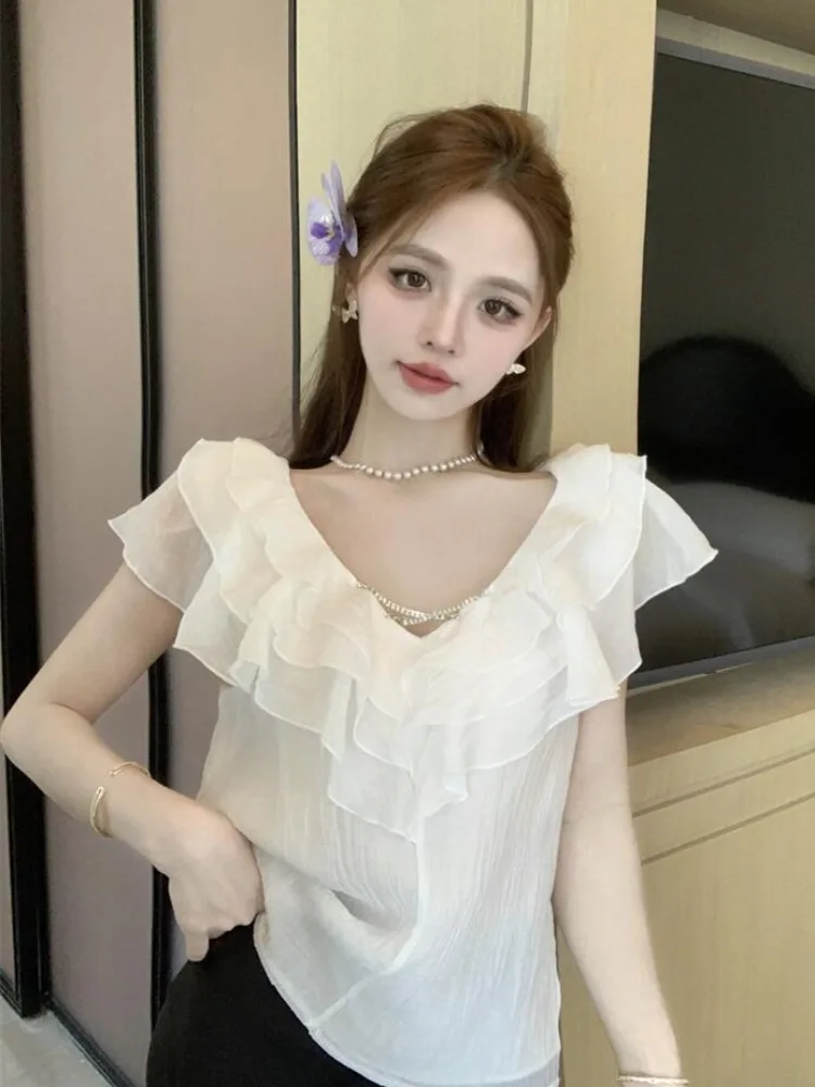 

Elegant White Chiffon Top Women's Fashion Deep V-neck Casual Sleeveless Summer Design Sensual Gauze Korean Style