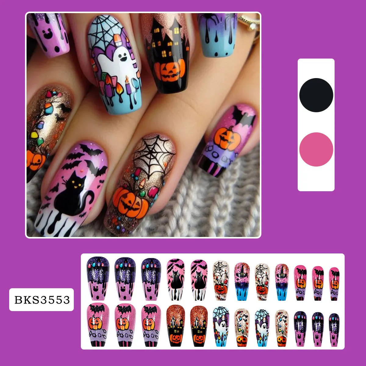 24 Uds. De uñas postizas con diseño de fantasma y lentejuelas doradas, uñas postizas para Halloween, ataúd de Ballet largo europeo, prensa usable en las uñas