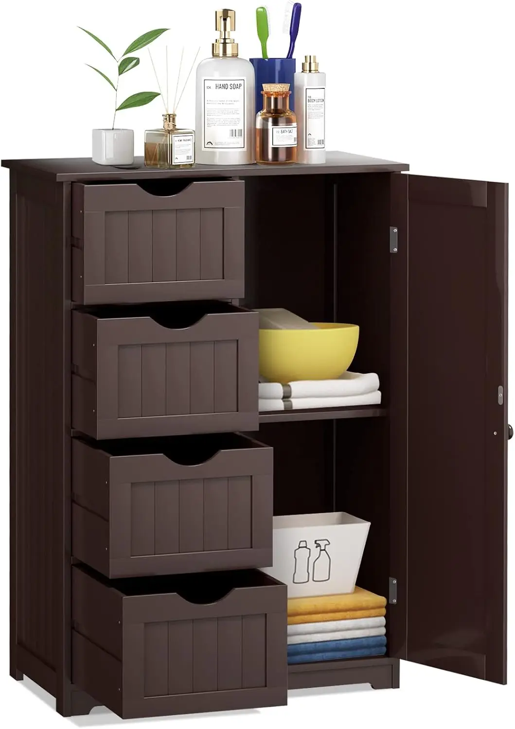 

Bathroom Floor Cabinet, Freestanding Storage Cabinet with 4 Drawers & Single Door, Adjustable Shelf, Multipurpose