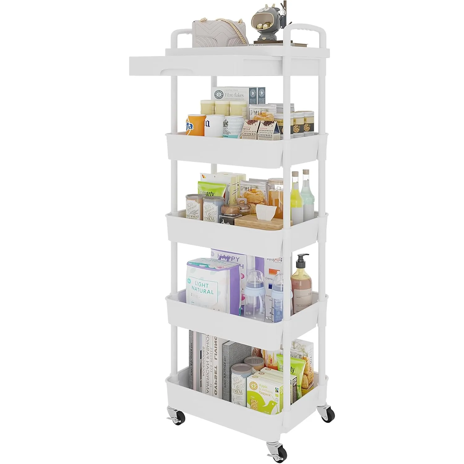 

5-Tier Rolling Utility Cart with Drawer,Multifunctional Storage Organizer with Plastic Shelf & Metal Wheels,Storage Cart ,White