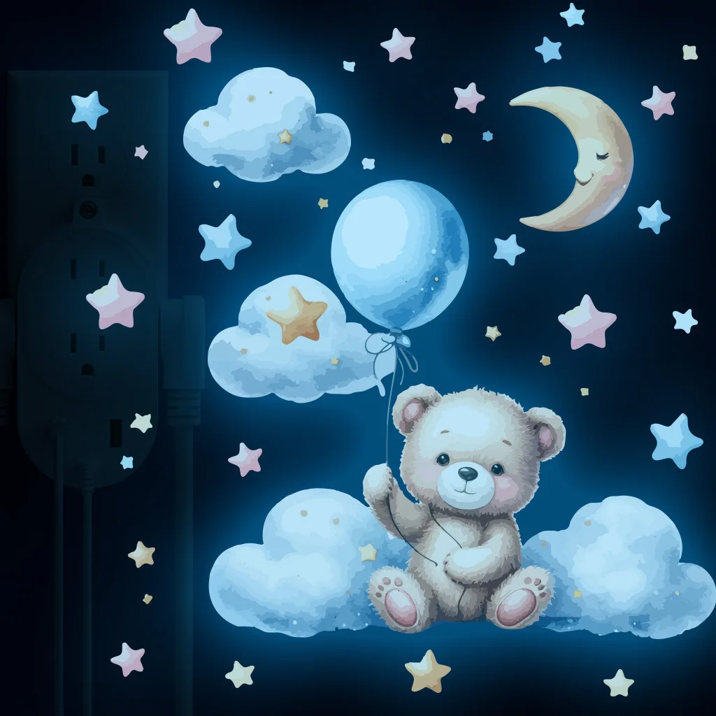 

Luminous Cartoon Bear Balloon Cloud Moon And Stars wall Sticker For Children's Room Fluorescent Decals Glow In The Dark Decor