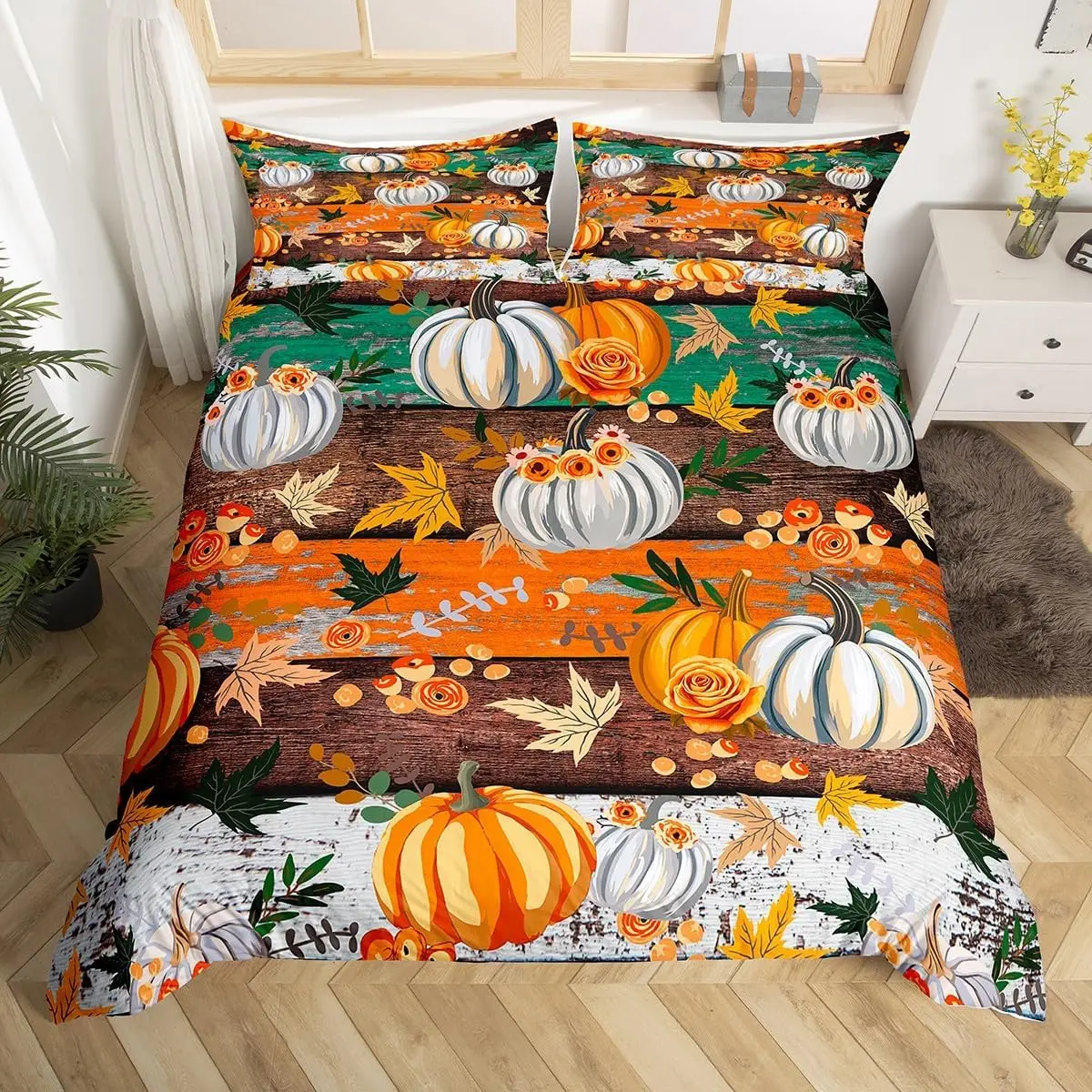 Fall Pumpkin Duvet Cover Set King Rustic Farmhouse Bedding Set Turkey Thanksgiving Decor Microfiber Maple Leaves Comforter Cover
