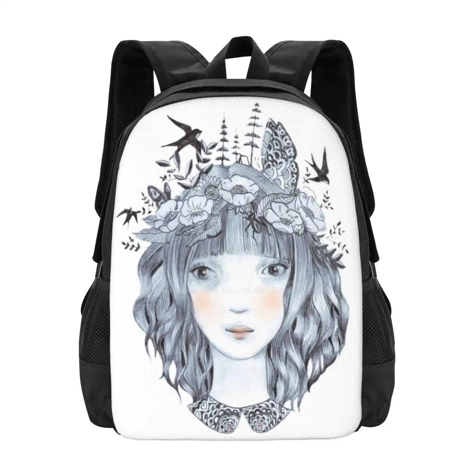 Back To My Roots Hot Sale Schoolbag Backpack Fashion Bags Girl Illustration Pencil Sketch Pencil Illustration Pencil Drawing