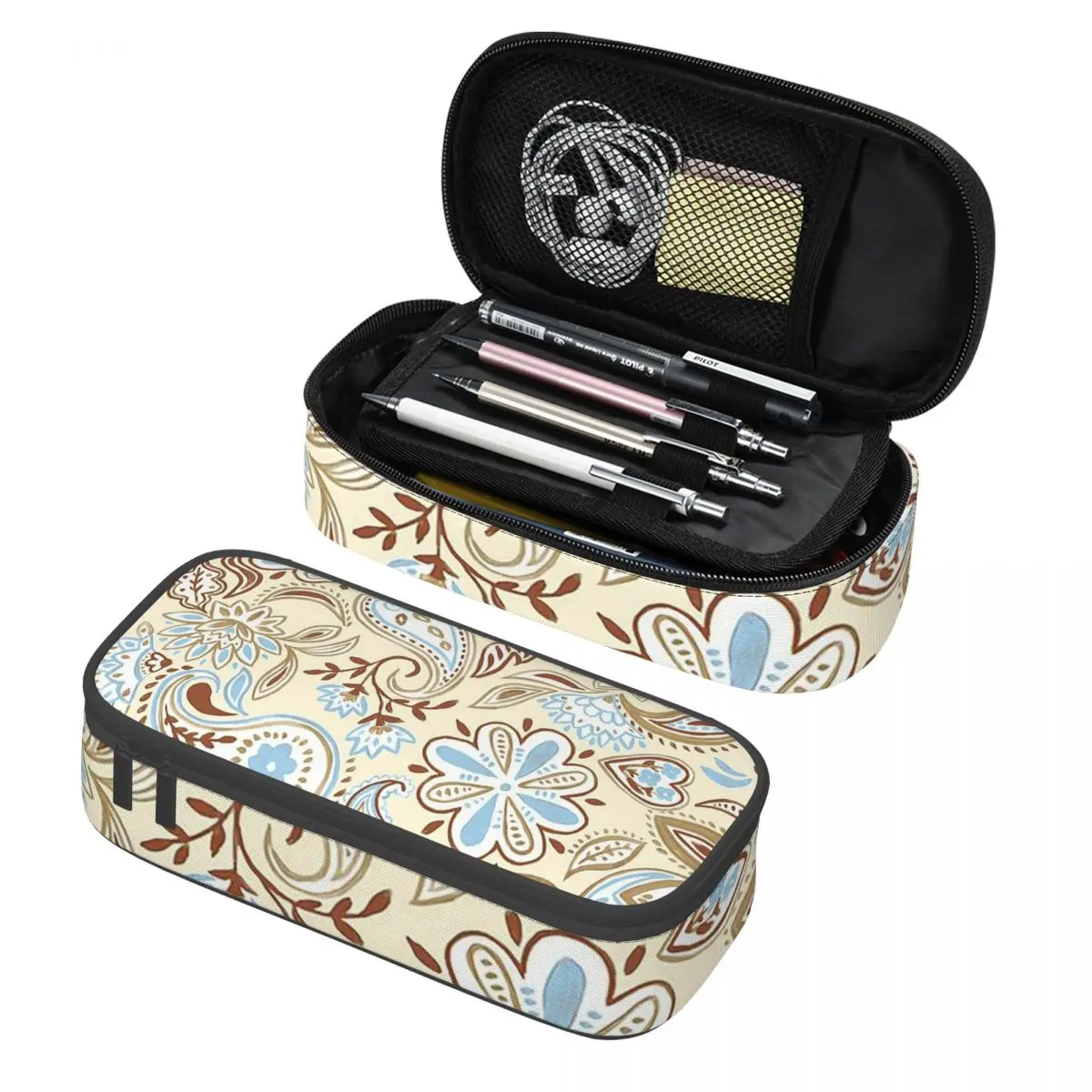 

Paisley White Brown Blue Decor Pencil Case Pen Holder Storage Stationery Supplies Large Capacity Pen Box Pencil Bag for Kids