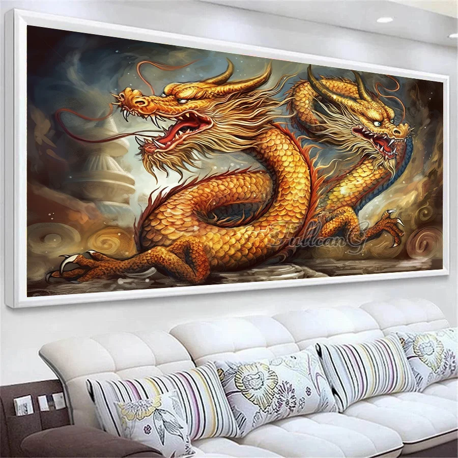 Diy Diamond Painting Large Size Golden Dragon Full Square Round Drill Mosaic Embroidery Animals Rhinestone Art Wall Decor AA5368