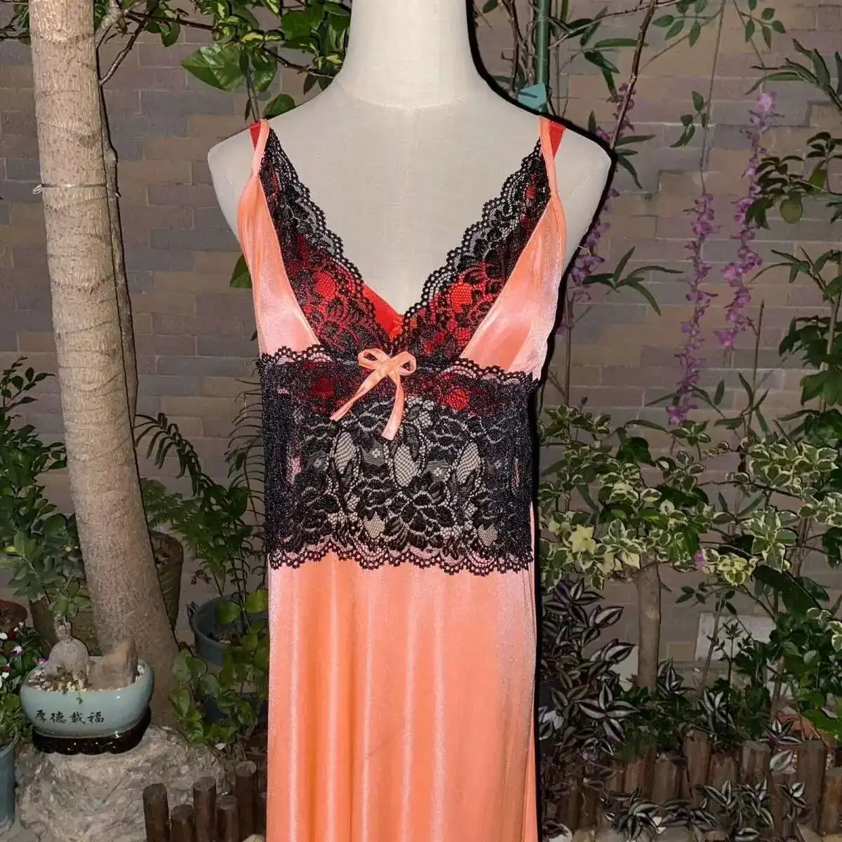Glossy V Neck Lace Women Satin Loose Maxi Dress Sleeveless Plus Size Sexy Sleeping Robe