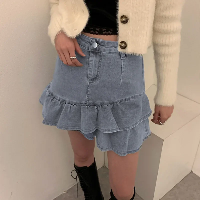 

Women Sexy Pleated Mini Jeans Skirts Korean Style Elegant Casual Faldas Mujer Gothic 2023 Summer High Waist A Line Denim Skirt