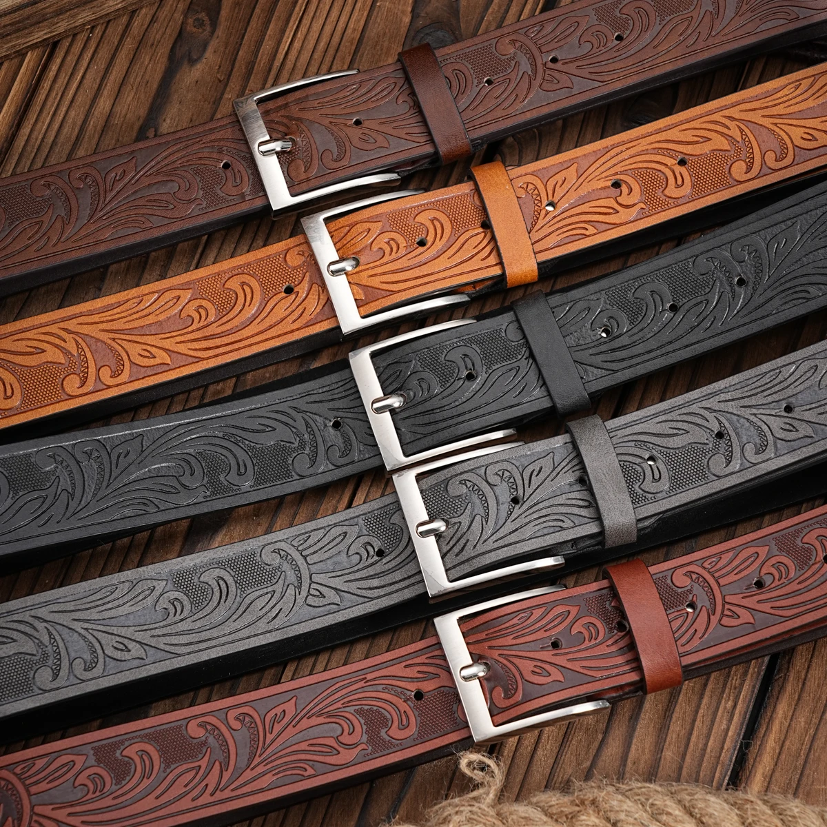 Western Cowboy PU Leather Belt - Men Waist Strap Bull Decoration Floral Engraved for Jeans