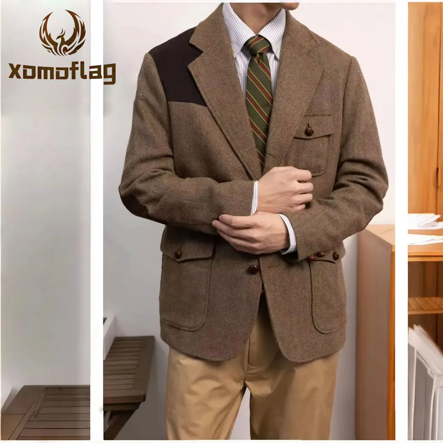 

Vintage Men's Blazer Herringbone Tweed Jacket Autumn and Winter Thick New Formal Business Style Splicing Sport Coats