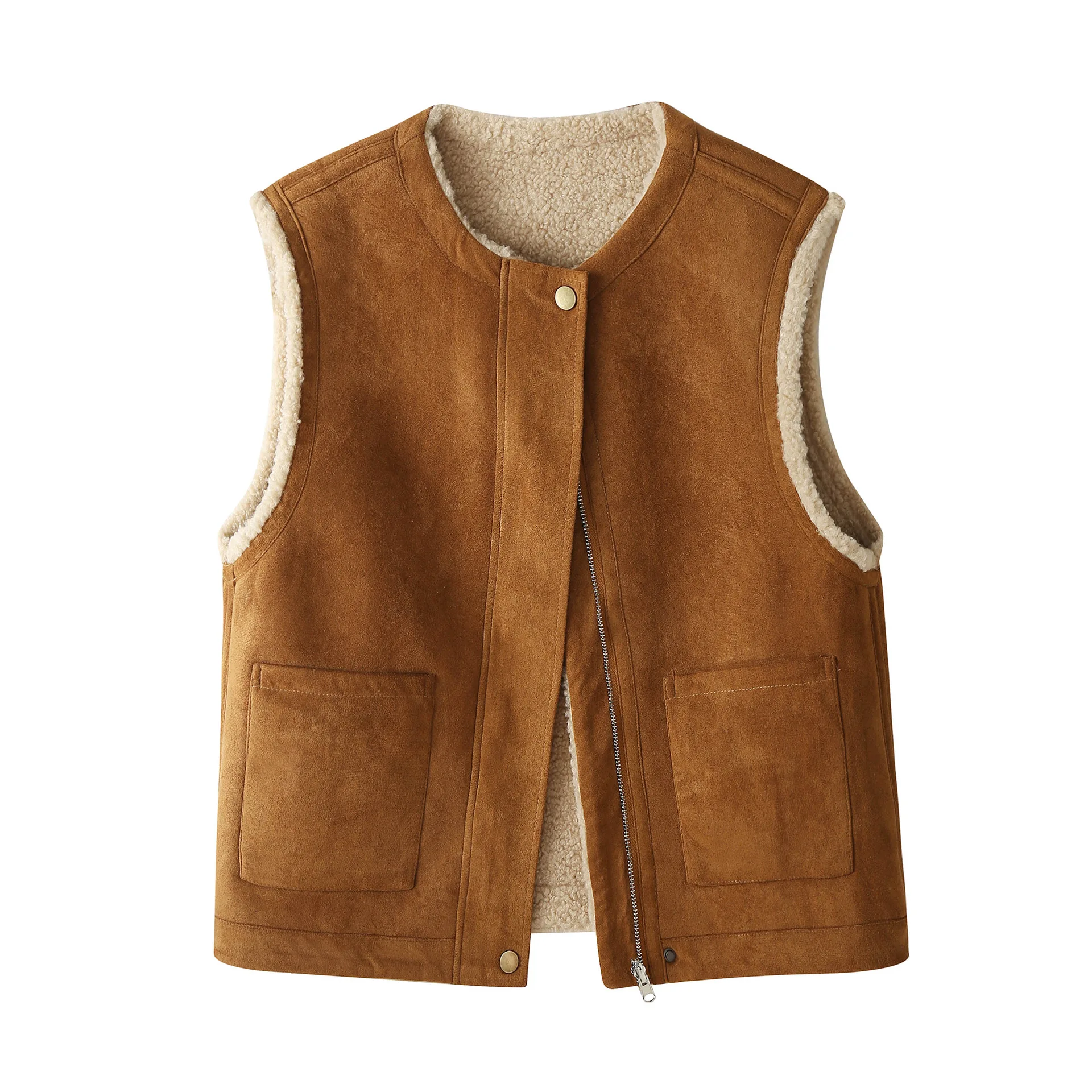 Reversible Shearling-Lined Waistcoat Jacket Women Autumn Winter Vest Outerwear Warm Suede Velvet Waistcoat