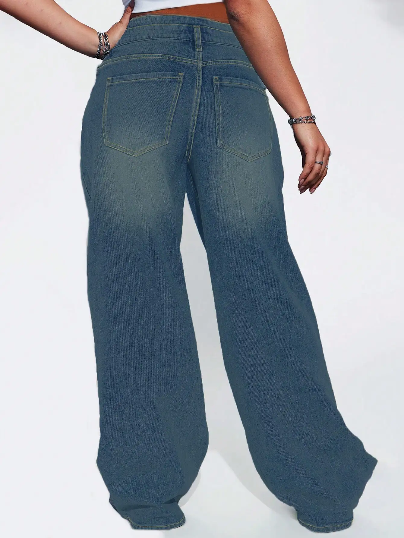 American breasted design dark blue retro denim straight leg deep blue wide leg trousers women