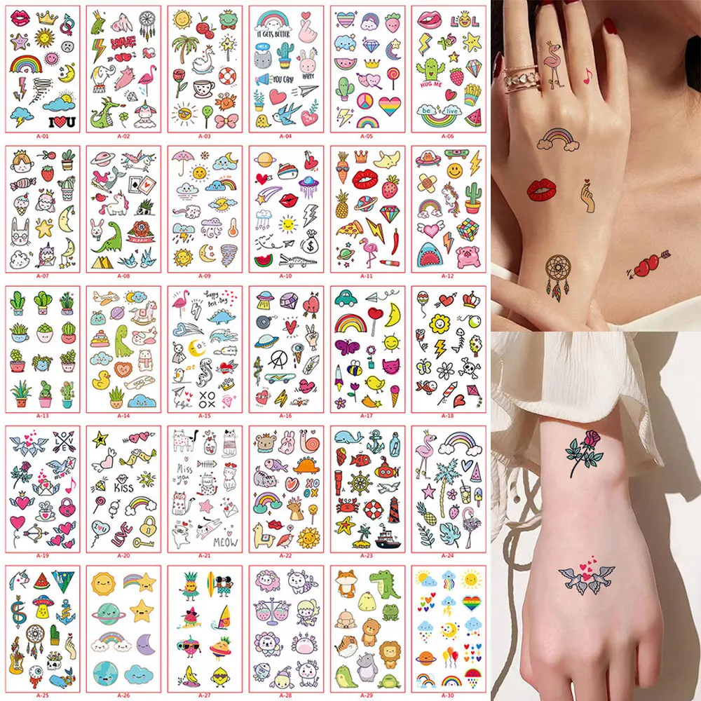 30pcs Color Temporary Tattoo Stickers, Waterproof Hand Tattoos Rainbow Fruit moon Fake Finger Tattoo