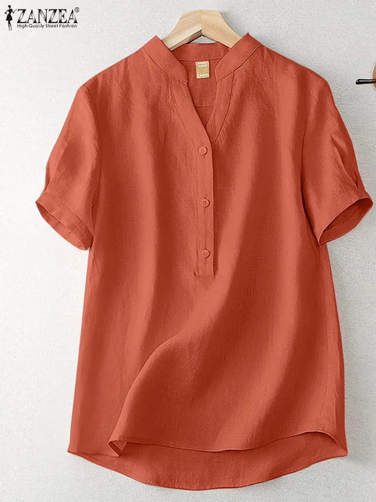 ZANZEA Oversize Summer Tops Tunic Women V Neck Short Sleeve Blouse Vintage Cotton Shirt Casual Loose Solid Blusas Chemise Mujer