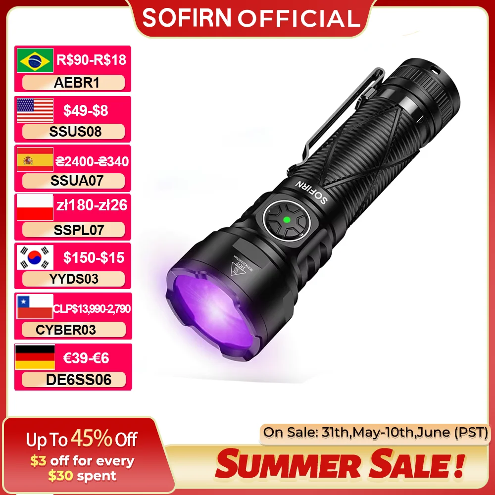 Sofirn SR15 UV Flashlight SST08 LED 365nm Powerful 21700 USB-C Rechargeable IPX8 Waterproof with Magnetic Tail for Detection