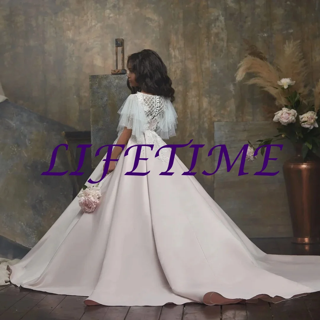 

Cute Girls Pageant Dresses A-line Appliques Flower Girl Dresses For Weddings First Communion Dresses Kids Baby Customized