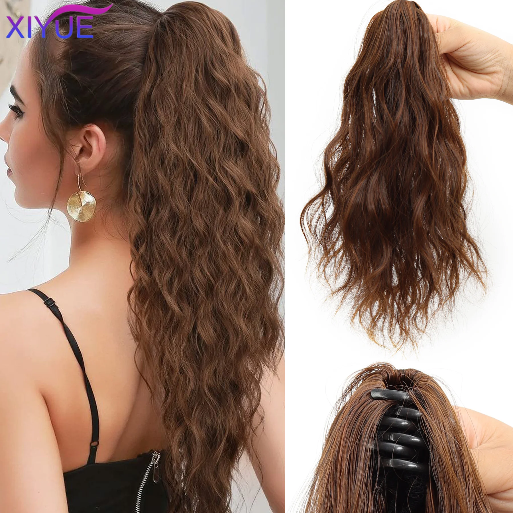 

12Inch Brown Black Synthetic Chic Water Wave Claw Clip Ponytail Hair Extension for Women Short Curly Claw Clip in Hairpiece